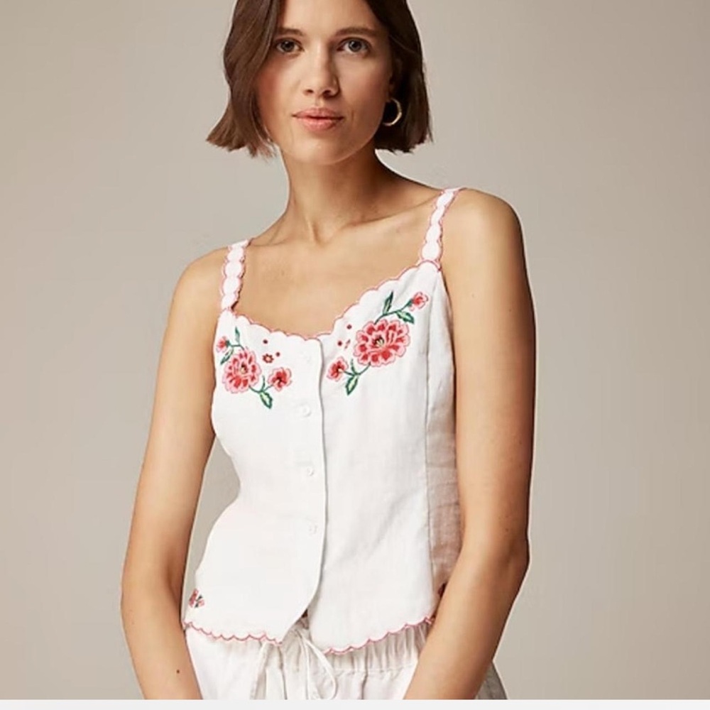 J. Crew  Top with Red floral Embroidery EUC